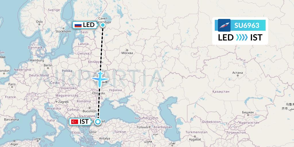 SU6963 Aeroflot Flight Map: St. Petersburg to Istanbul