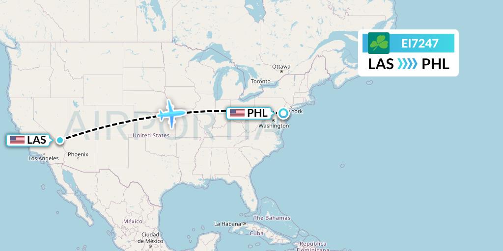 EI7247 Aer Lingus Flight Map: Las Vegas to Philadelphia