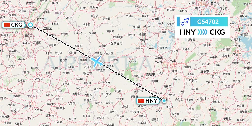 G54702 China Express Airlines Flight Map: Hengyang to Chongqing