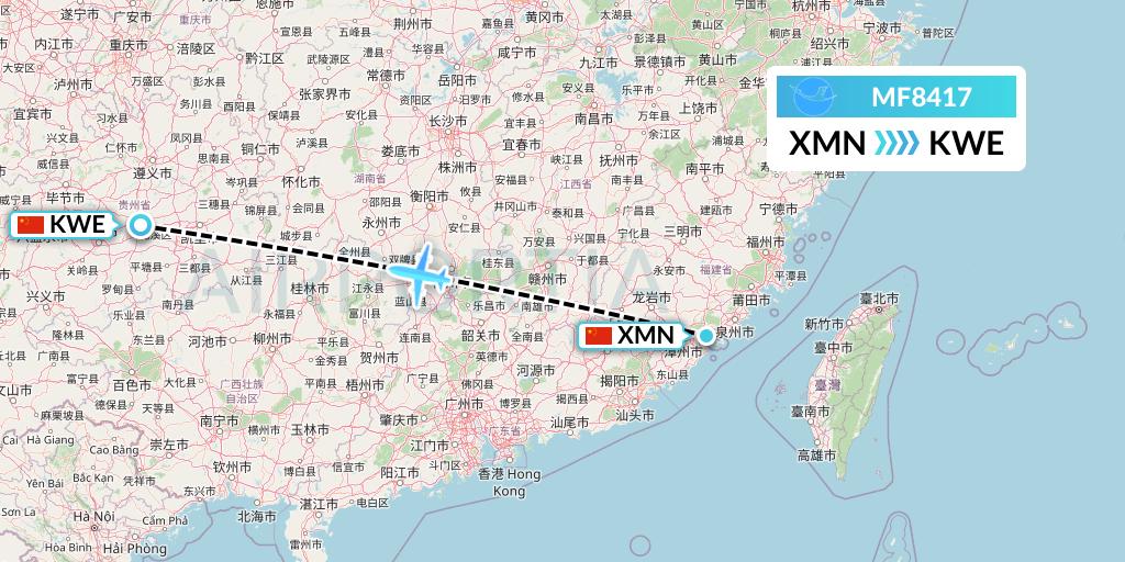 MF8417 Xiamen Airlines Flight Map: Xiamen to Guiyang