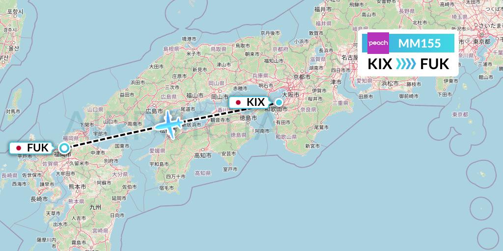 MM155 Peach Aviation Flight Map: Osaka to Fukuoka