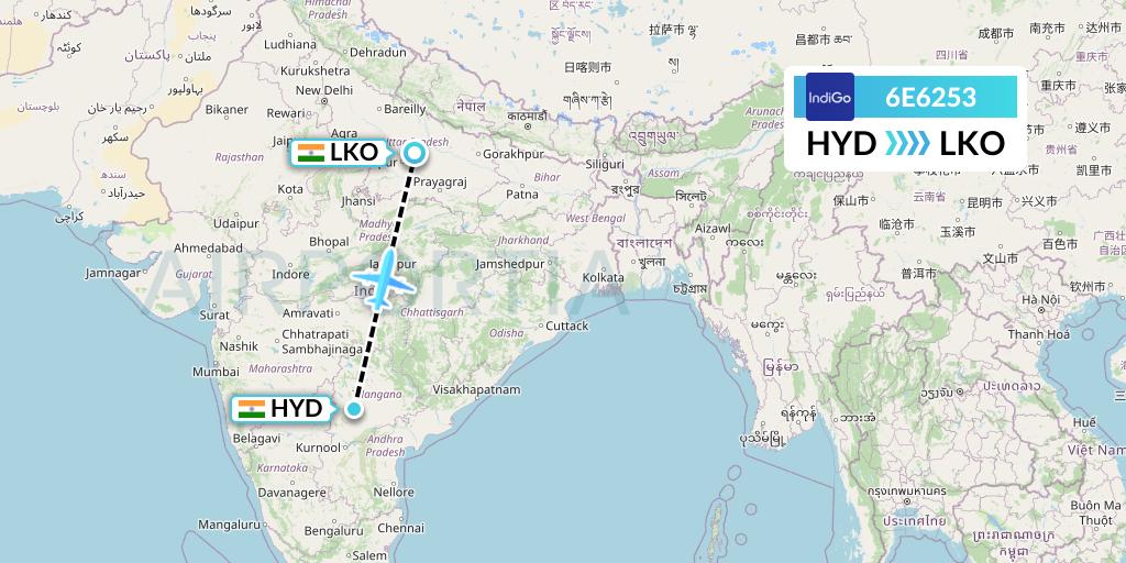 6E6253 IndiGo Airlines Flight Map: Hyderabad to Lucknow