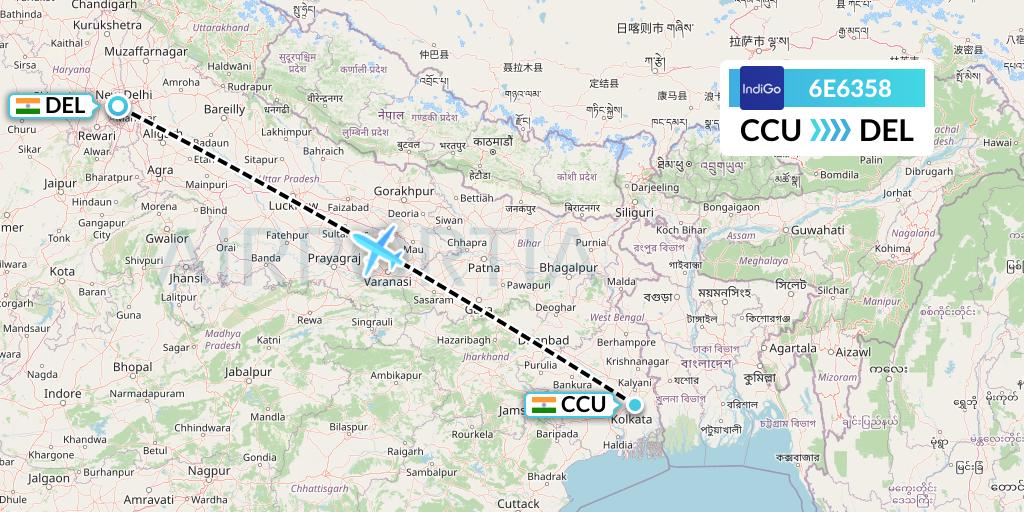 6E6358 IndiGo Airlines Flight Map: Kolkata to Delhi