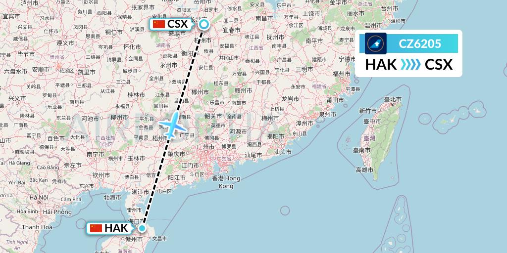 CZ6205 China Southern Airlines Flight Map: Haikou to Changsha