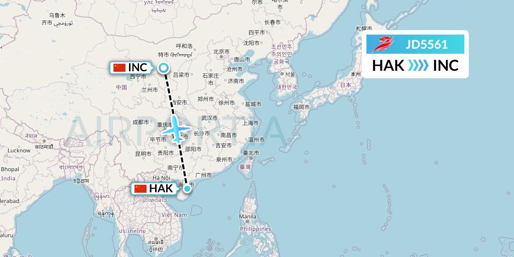 JD5561 Capital Airlines Flight Map: Haikou to Yinchuan