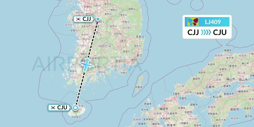 LJ409 Jin Air Flight Map: Cheongju to Jeju