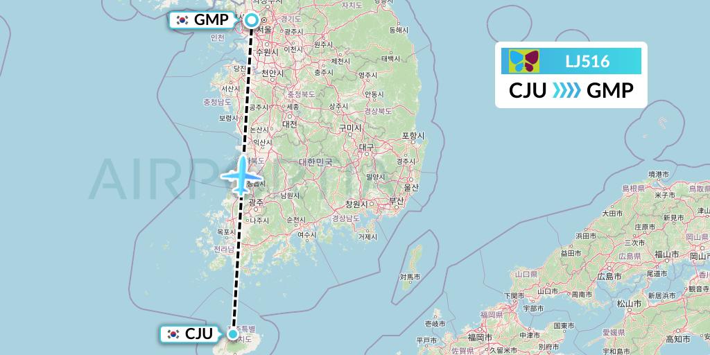 LJ516 Jin Air Flight Map: Jeju to Seoul