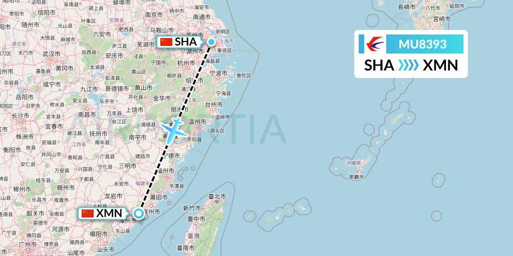 MU8393 China Eastern Airlines Flight Map: Shanghai to Xiamen