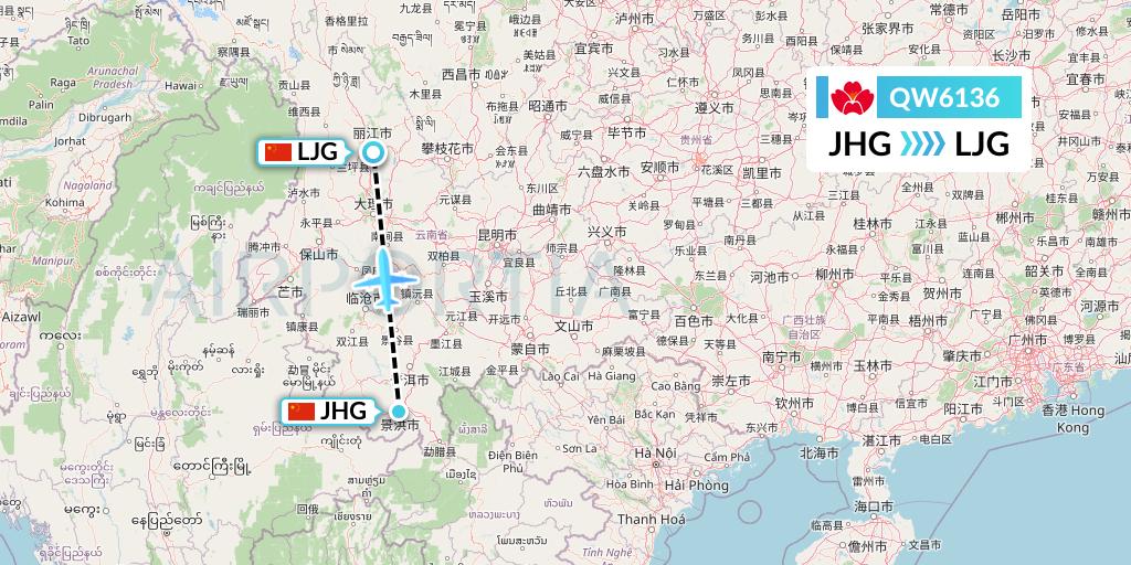 QW6136 Qingdao Airlines Flight Map: Jinghong to Lijiang
