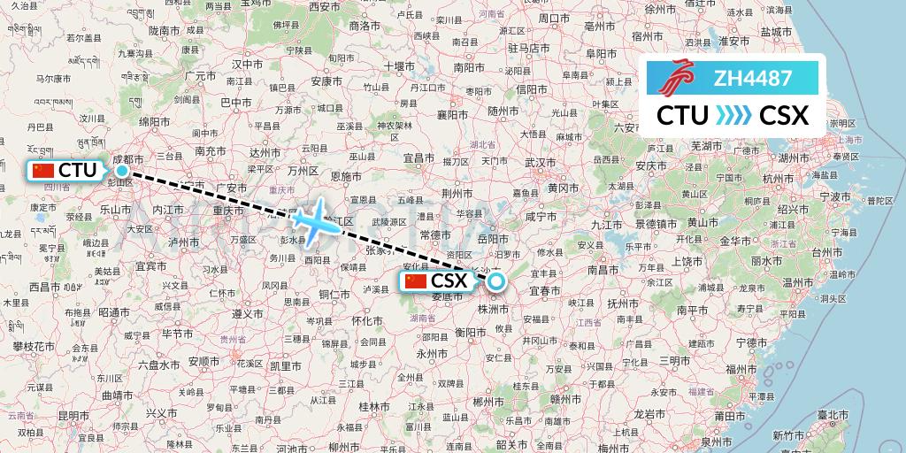 ZH4487 Shenzhen Airlines Flight Map: Chengdu to Changsha