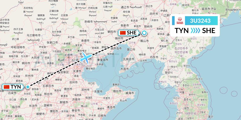 3U3243 Sichuan Airlines Flight Map: Taiyuan to Shenyang
