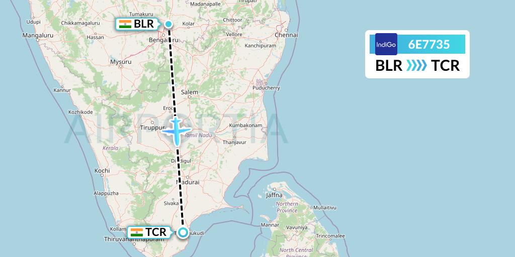 6E7735 IndiGo Airlines Flight Map: Bangalore to Tuticorin