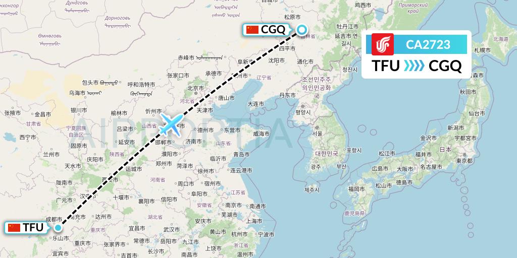 CA2723 Air China Flight Map: Chengdu to Changchun