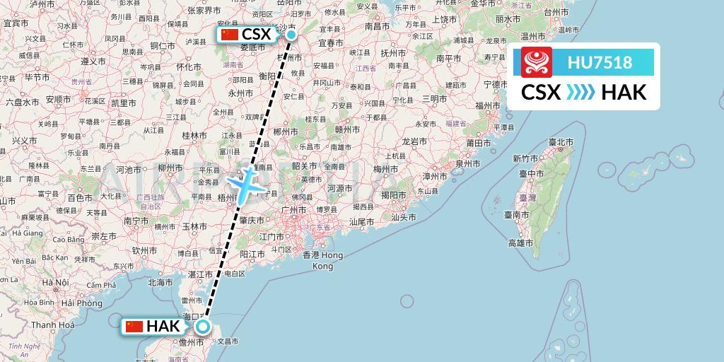 HU7518 Hainan Airlines Flight Map: Changsha to Haikou