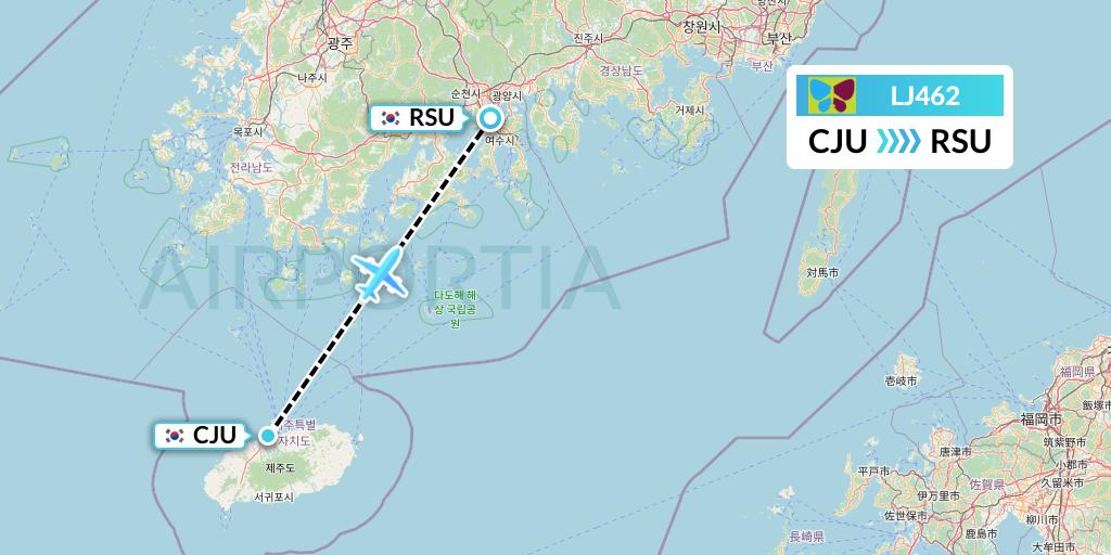 LJ462 Jin Air Flight Map: Jeju to Yeosu