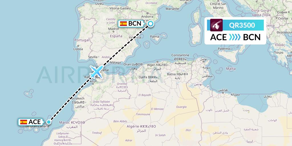 QR3500 Qatar Airways Flight Map: Lanzarote to Barcelona