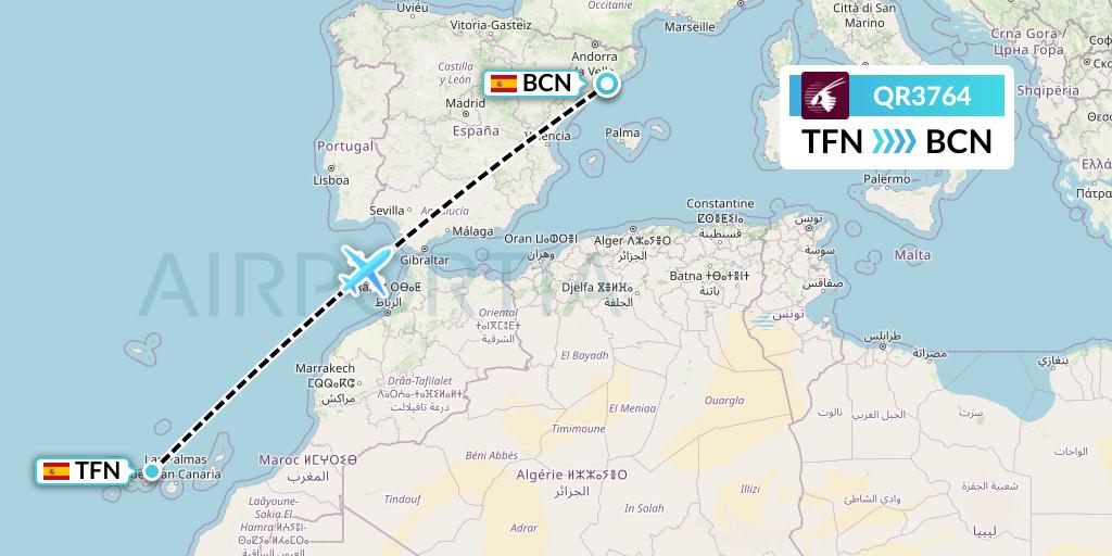 QR3764 Qatar Airways Flight Map: Tenerife to Barcelona