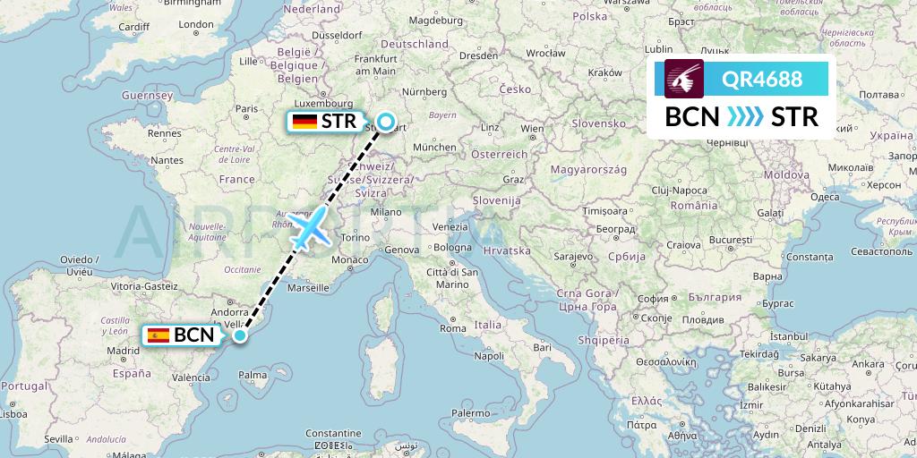 QR4688 Qatar Airways Flight Map: Barcelona to Stuttgart