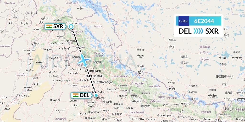 6E2044 IndiGo Airlines Flight Map: Delhi to Srinagar