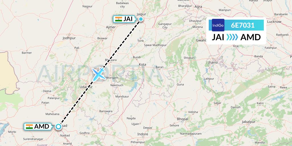6E7031 IndiGo Airlines Flight Map: Jaipur to Ahmedabad