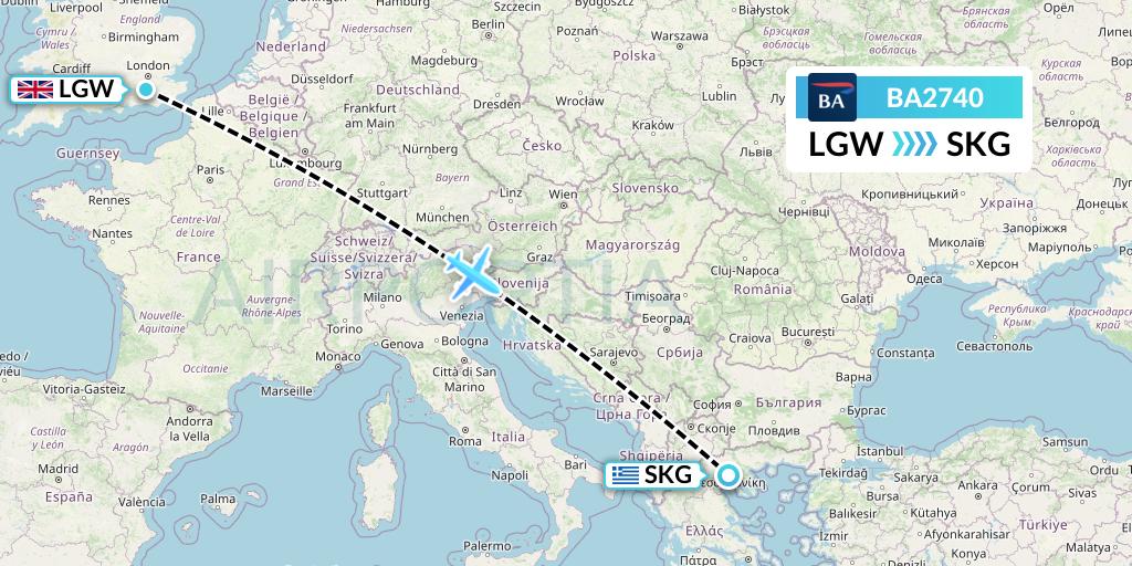 BA2740 British Airways Flight Map: London to Thessaloniki