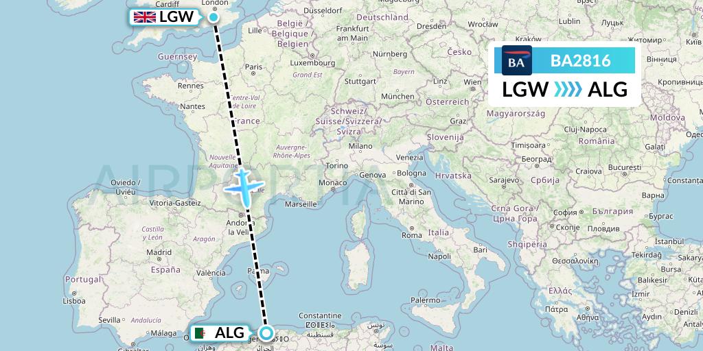 BA2816 British Airways Flight Map: London to Algiers