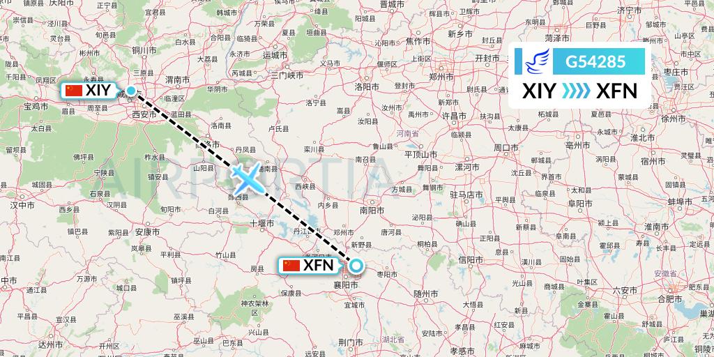 G54285 China Express Airlines Flight Map: Xi'an to Xiangyang