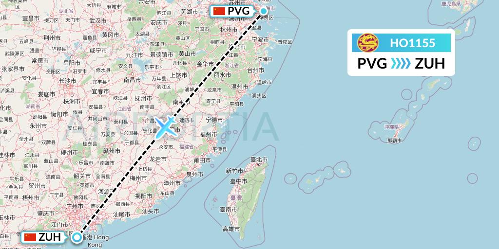 HO1155 Juneyao Airlines Flight Map: Shanghai to Zhuhai