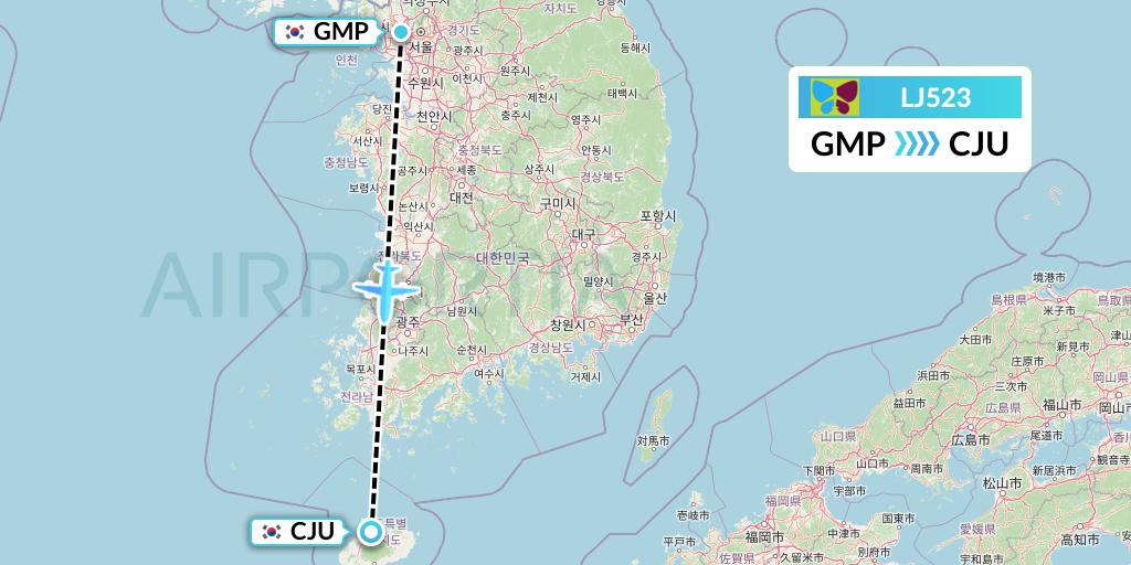 LJ523 Jin Air Flight Map: Seoul to Jeju