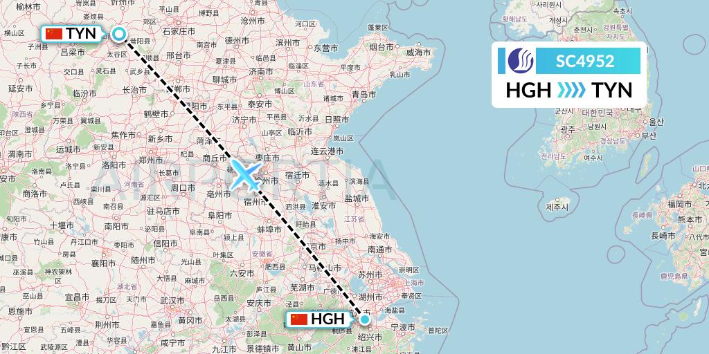 SC4952 Shandong Airlines Flight Map: Hangzhou to Taiyuan