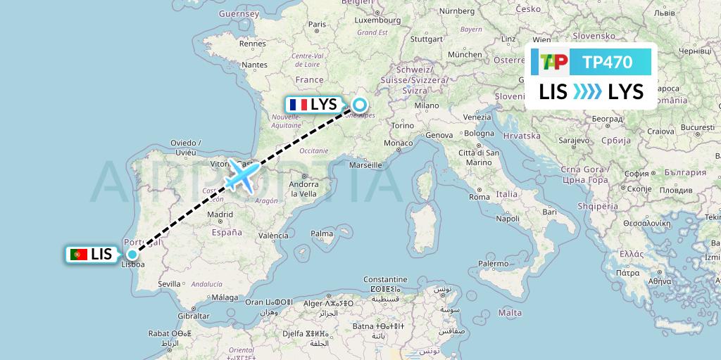TP470 TAP Portugal Flight Map: Lisbon to Lyon