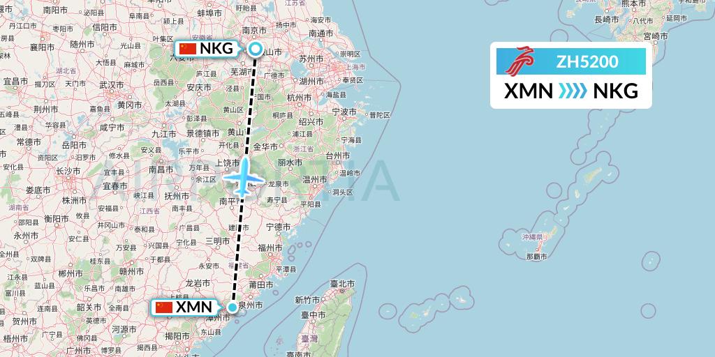 ZH5200 Shenzhen Airlines Flight Map: Xiamen to Nanjing