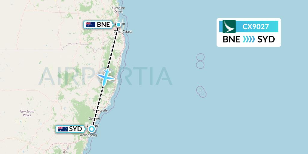 CX9027 Cathay Pacific Flight Map: Brisbane to Sydney