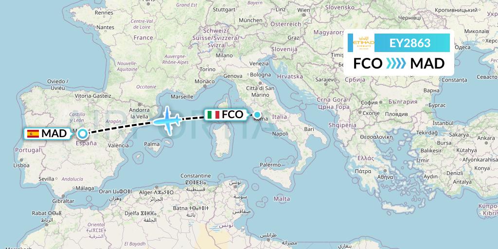 EY2863 Etihad Airways Flight Map: Rome to Madrid