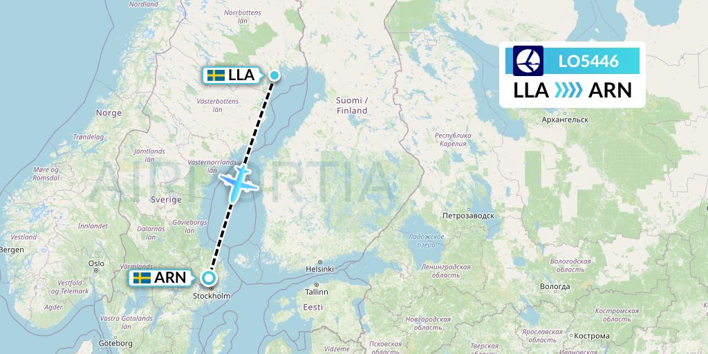 LO5446 LOT Flight Map: Lulea to Stockholm