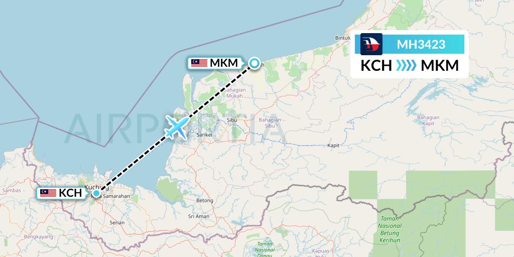 MH3423 Malaysia Airlines Flight Map: Kuching to Mukah
