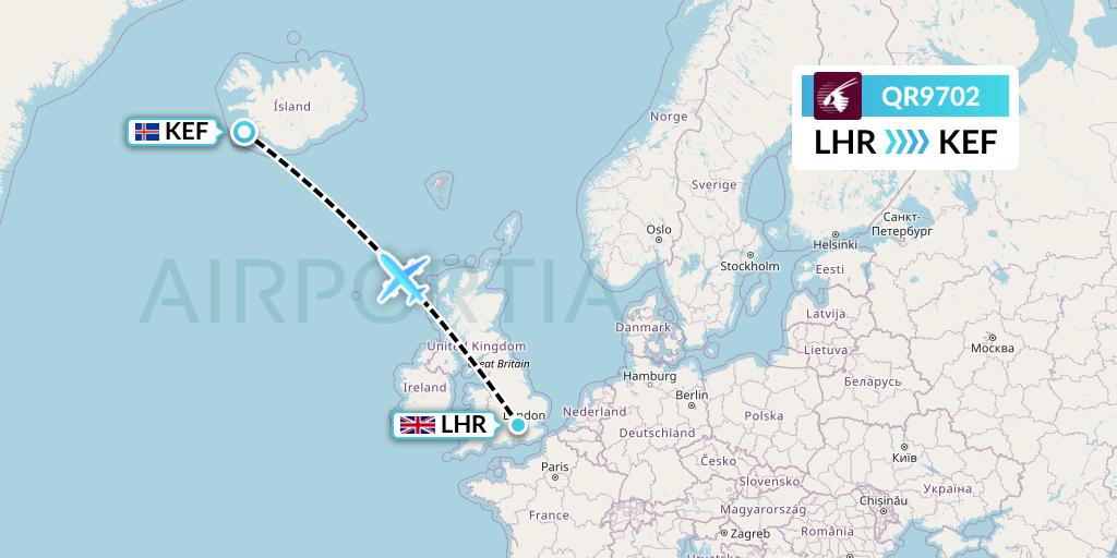 QR9702 Qatar Airways Flight Map: London to Reykjavik