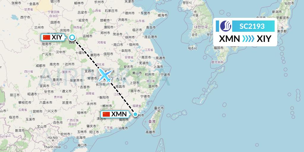 SC2193 Shandong Airlines Flight Map: Xiamen to Xi'an