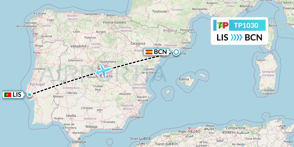 TP1030 TAP Portugal Flight Map: Lisbon to Barcelona