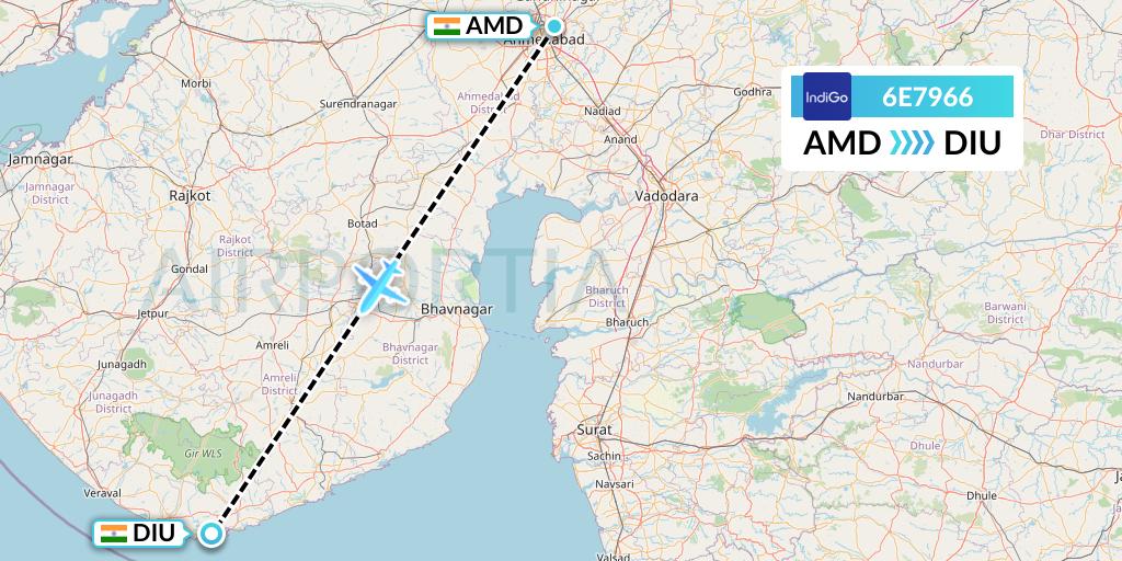 6E7966 IndiGo Airlines Flight Map: Ahmedabad to Diu