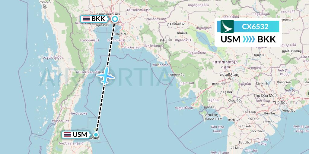 CX6532 Cathay Pacific Flight Map: Koh Samui to Bangkok