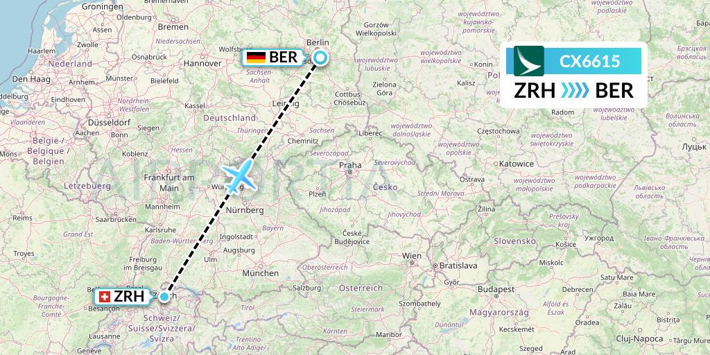 CX6615 Cathay Pacific Flight Map: Zurich to Berlin