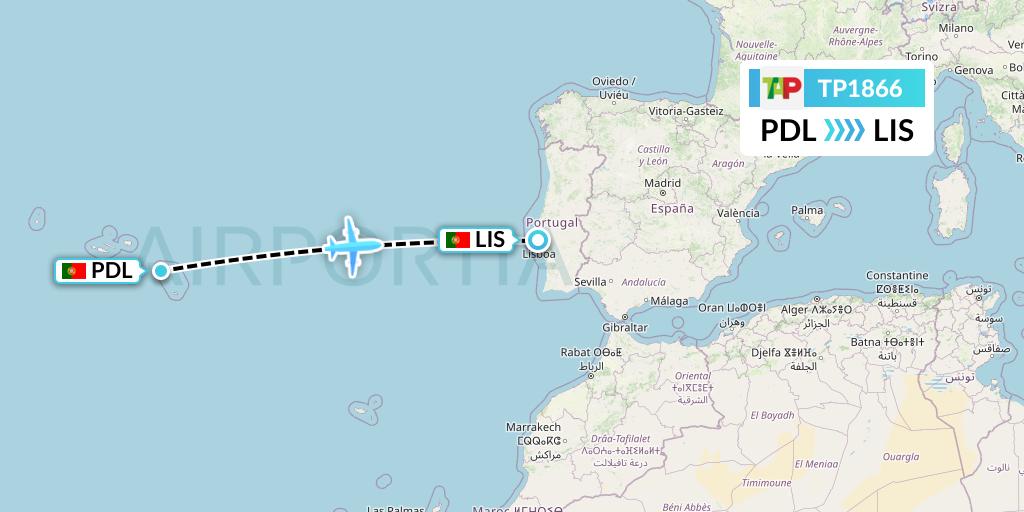 TP1866 TAP Portugal Flight Map: Ponta Delgada to Lisbon
