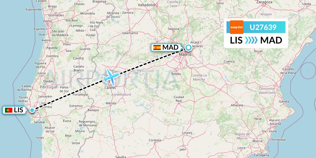 U27639 EasyJet Flight Map: Lisbon to Madrid