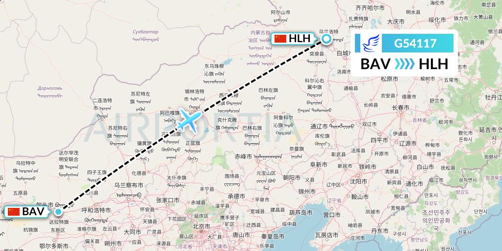 G54117 China Express Airlines Flight Map: Baotou to Ulanhot