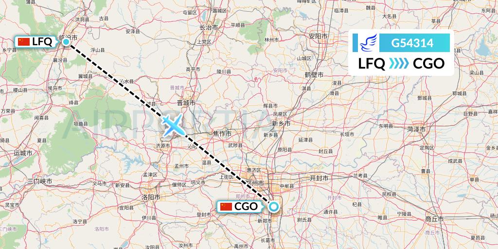 G54314 China Express Airlines Flight Map: Yulin to Zhengzhou
