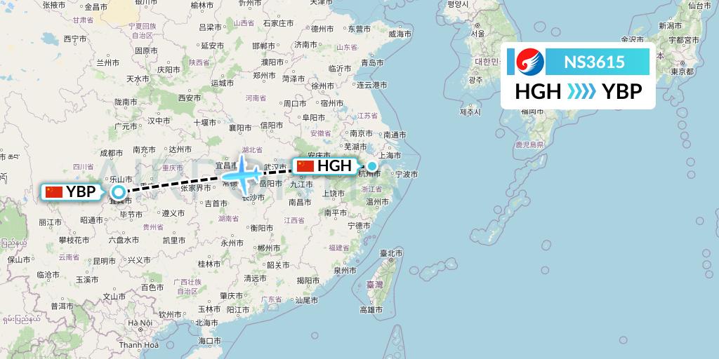 NS3615 Hebei Airlines Flight Map: Hangzhou to Yibin