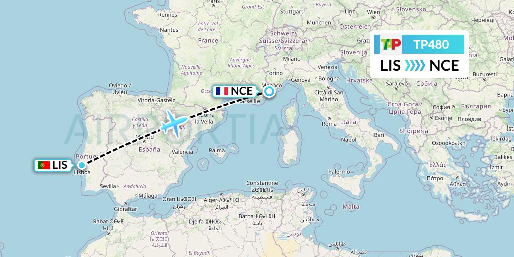 TP480 TAP Portugal Flight Map: Lisbon to Nice