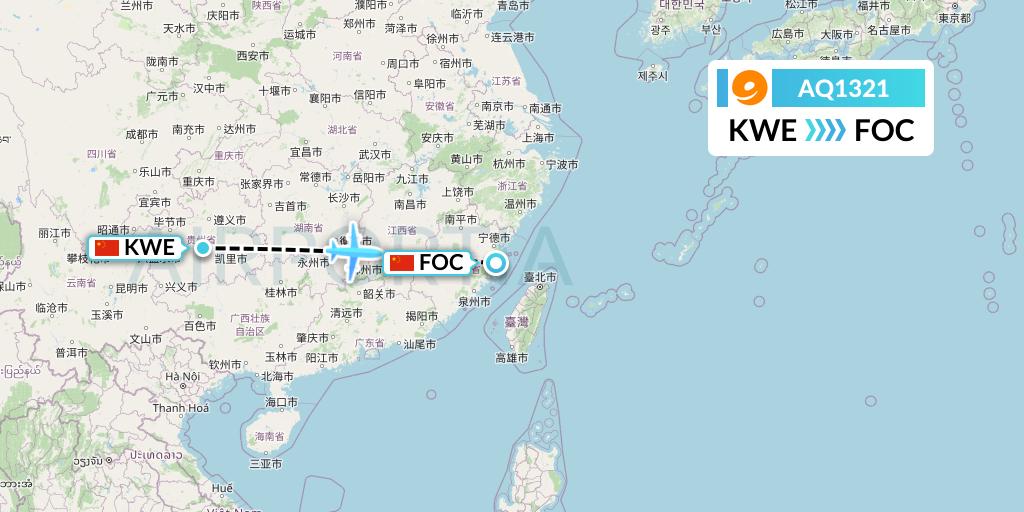 AQ1321 9 Air Flight Map: Guiyang to Fuzhou