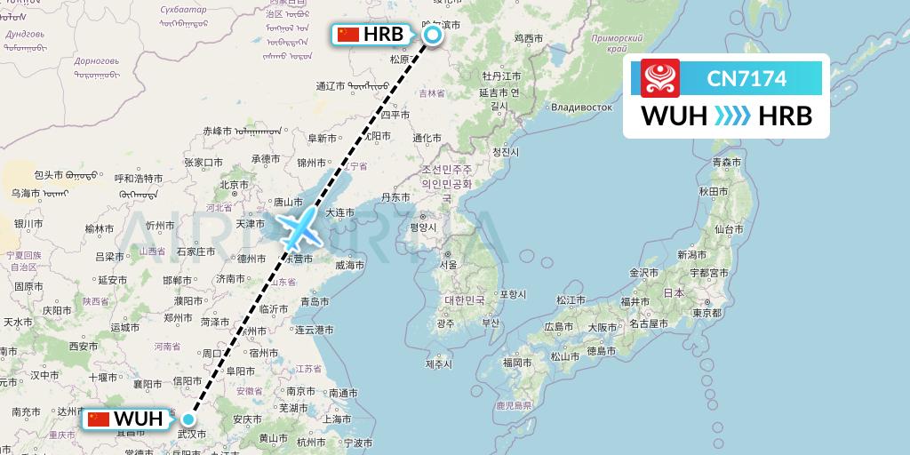 CN7174 Grand China Air Flight Map: Wuhan to Harbin